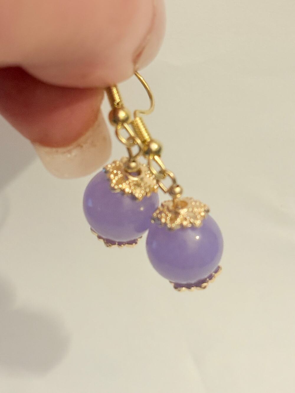 Handmade Amethyst Bead Dangle Earrings Gold Tone